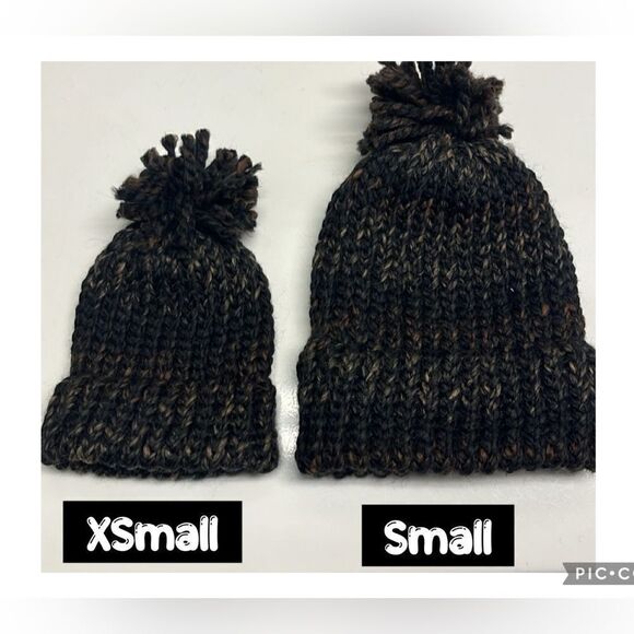 Hand Crafted Wool and Acrylic Knitted Black & Brown Marbled Winter Hat Small - Picture 1 of 11